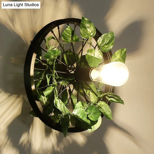 Industrial Metal Wheel Wall Mount Light With Flower/Leaf Decor 12.5/16.5 Diameter Green / 12.5