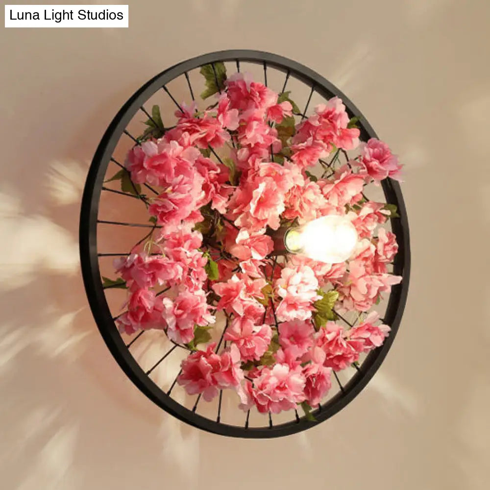 Industrial Metal Wheel Wall Mount Light With Flower/Leaf Decor 12.5/16.5 Diameter Red / 21.5