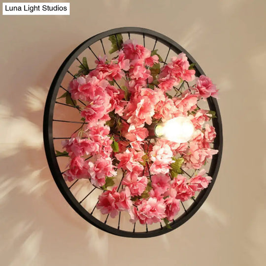 Industrial Metal Wheel Wall Mount Light With Flower/Leaf Decor 12.5/16.5 Diameter Red / 21.5