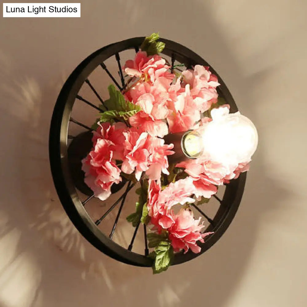 Industrial Metal Wheel Wall Mount Light With Flower/Leaf Decor 12.5/16.5 Diameter Red / 12.5