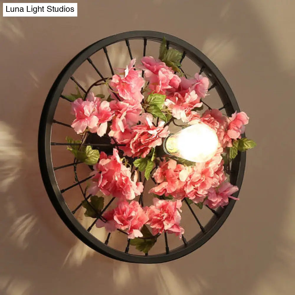 Industrial Metal Wheel Wall Mount Light With Flower/Leaf Decor 12.5/16.5 Diameter Red / 16.5