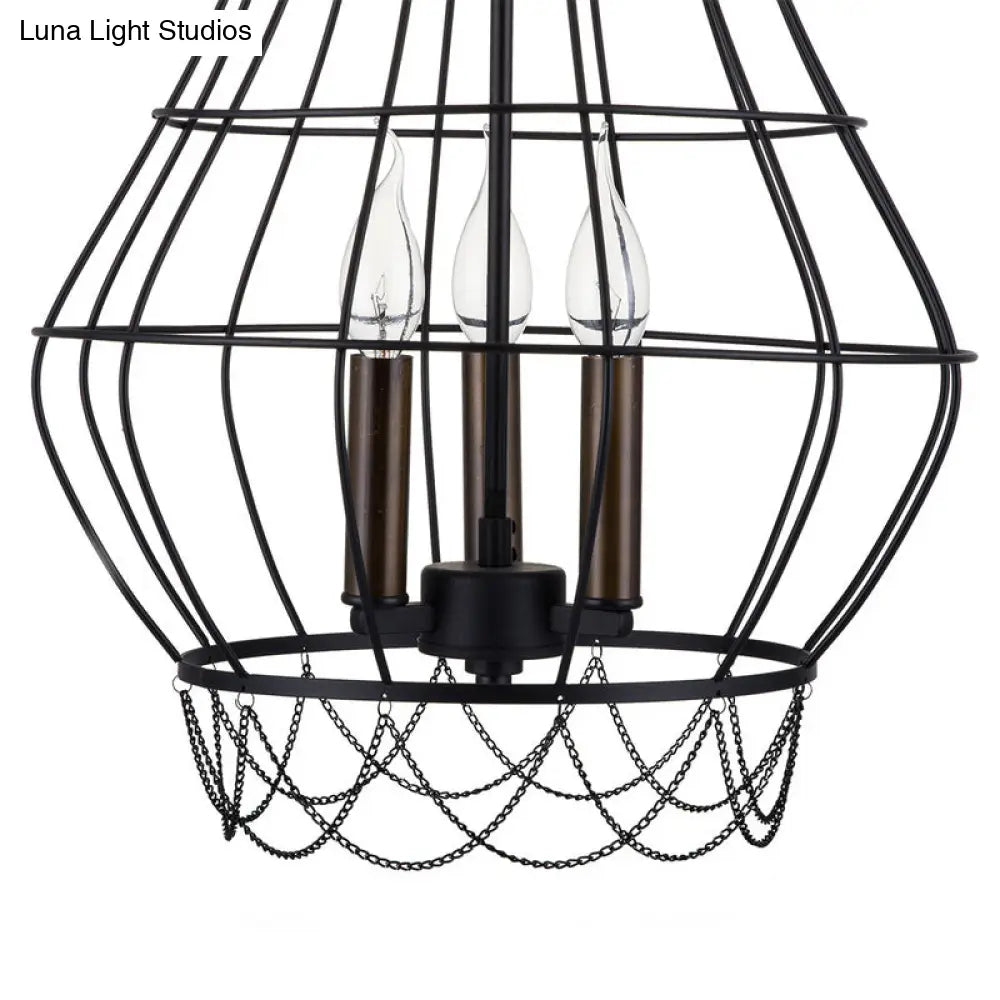 Industrial Metal Wire Guard Drop Light With 3 Black Finish Pendant Lights - Stylish Balcony Lamp