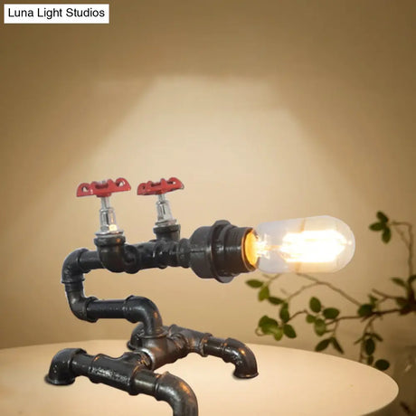 Industrial Metallic Bare Bulb Table Lamp With Pipe-Like Base - Black Finish