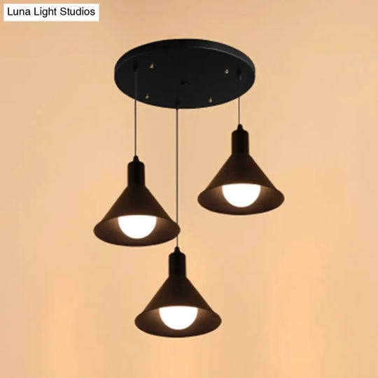 Industrial Metallic Funnel Dining Room Ceiling Light - 3-Light Black Pendant With Linear/Round