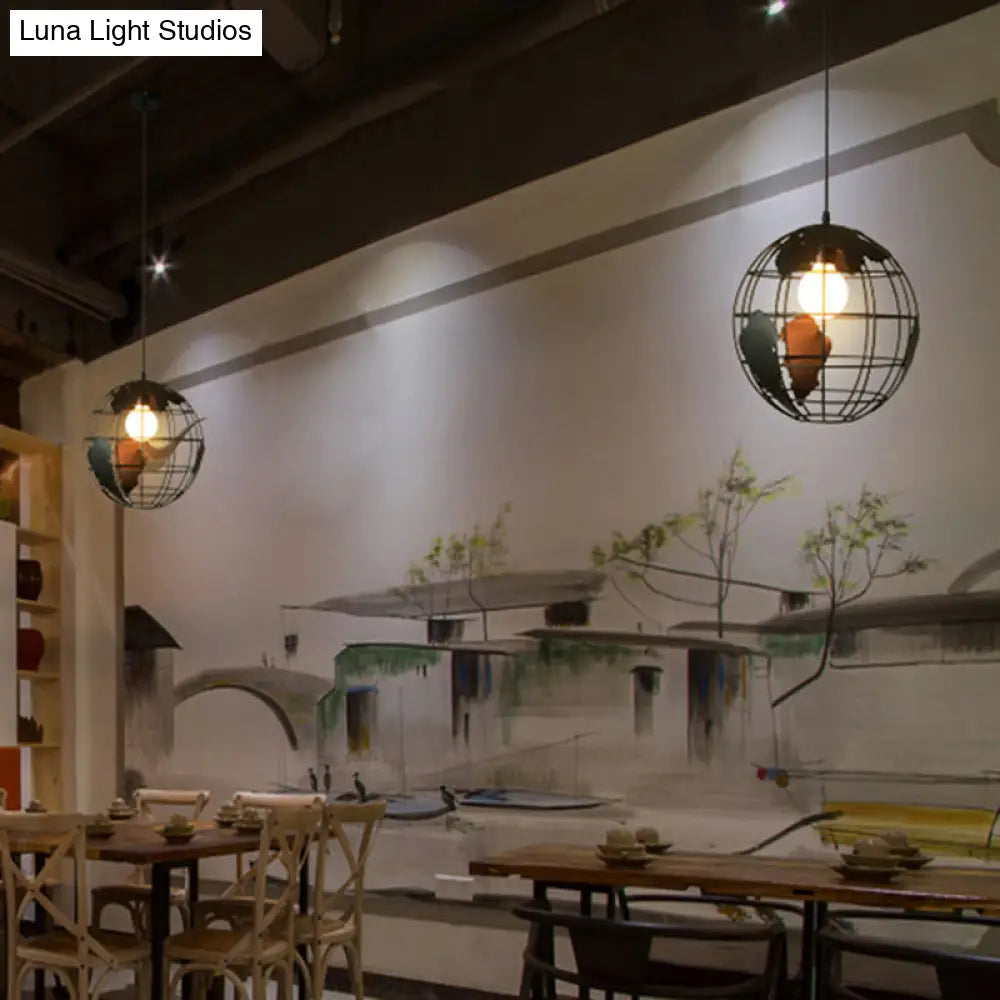 Industrial Metallic Pendant Light With Cage Globe Design For Coffee Shop - 1 Ceiling Fixture