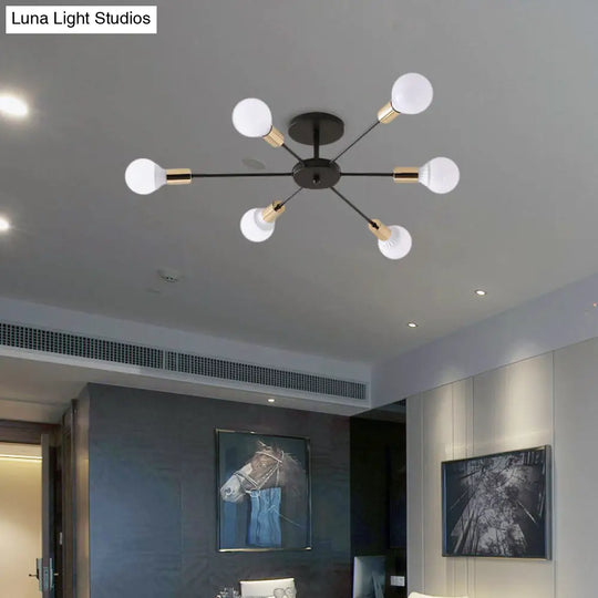 Industrial Metallic Semi Flush Light - Black Sputnik Design With 6/8 Exposed Bulbs Ceiling Mounted
