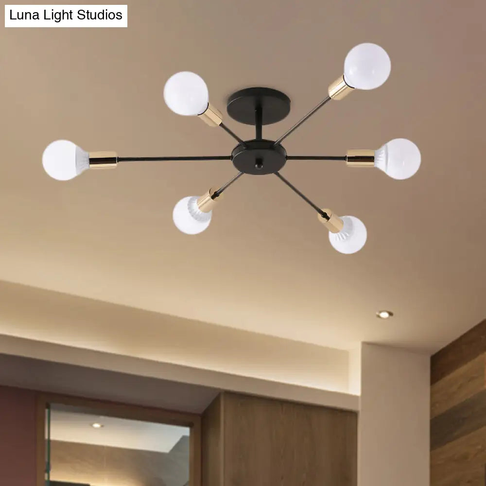 Industrial Metallic Semi Flush Light - Black Sputnik Design With 6/8 Exposed Bulbs Ceiling Mounted