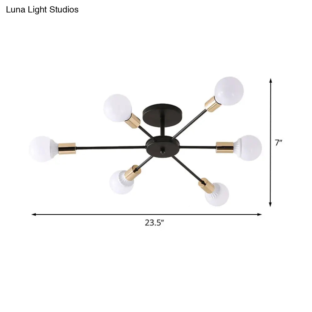 Industrial Metallic Semi Flush Light - Black Sputnik Design With 6/8 Exposed Bulbs Ceiling Mounted