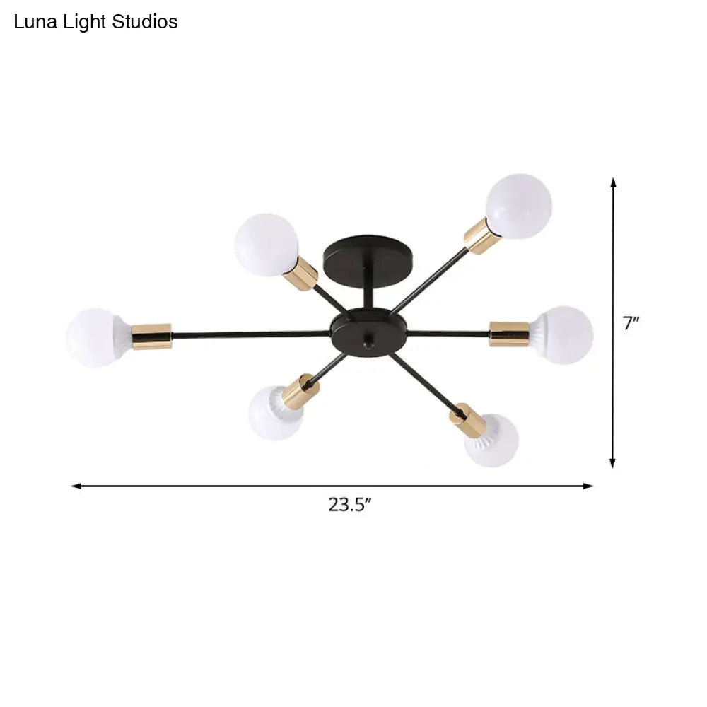 Industrial Metallic Semi Flush Light - Black Sputnik Design With 6/8 Exposed Bulbs Ceiling Mounted