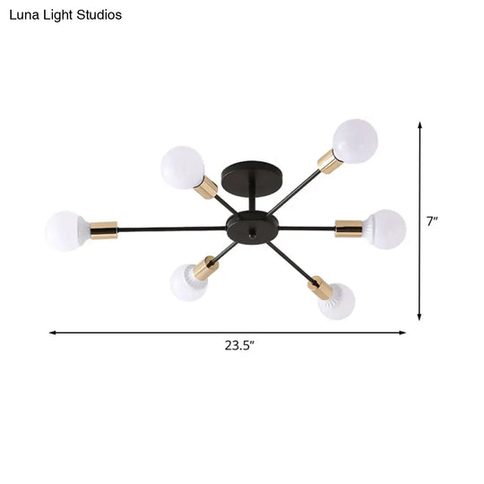 Industrial Metallic Semi Flush Light - Black Sputnik Design With 6/8 Exposed Bulbs Ceiling Mounted