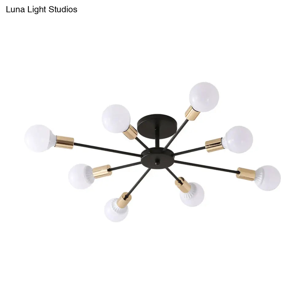 Industrial Metallic Semi Flush Light - Black Sputnik Design With 6/8 Exposed Bulbs Ceiling Mounted