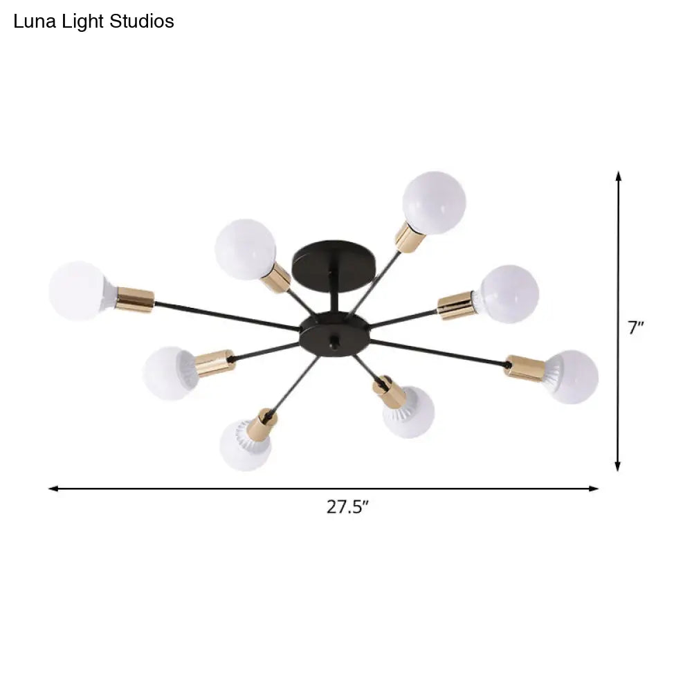 Industrial Metallic Semi Flush Light - Black Sputnik Design With 6/8 Exposed Bulbs Ceiling Mounted