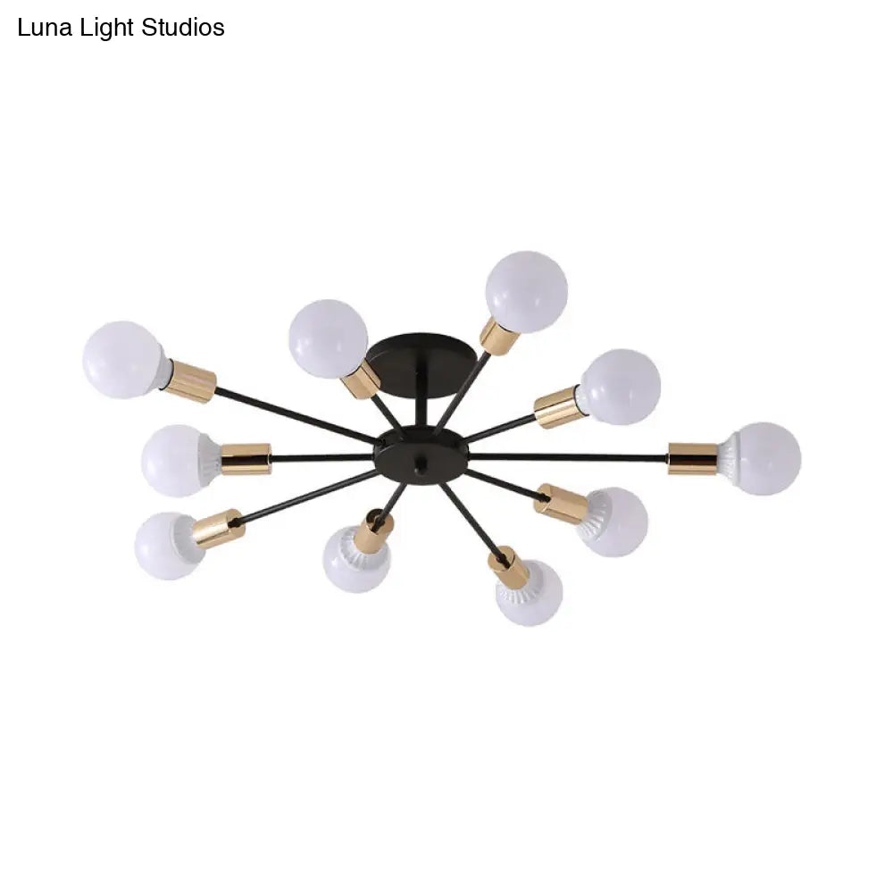 Industrial Metallic Semi Flush Light - Black Sputnik Design With 6/8 Exposed Bulbs Ceiling Mounted