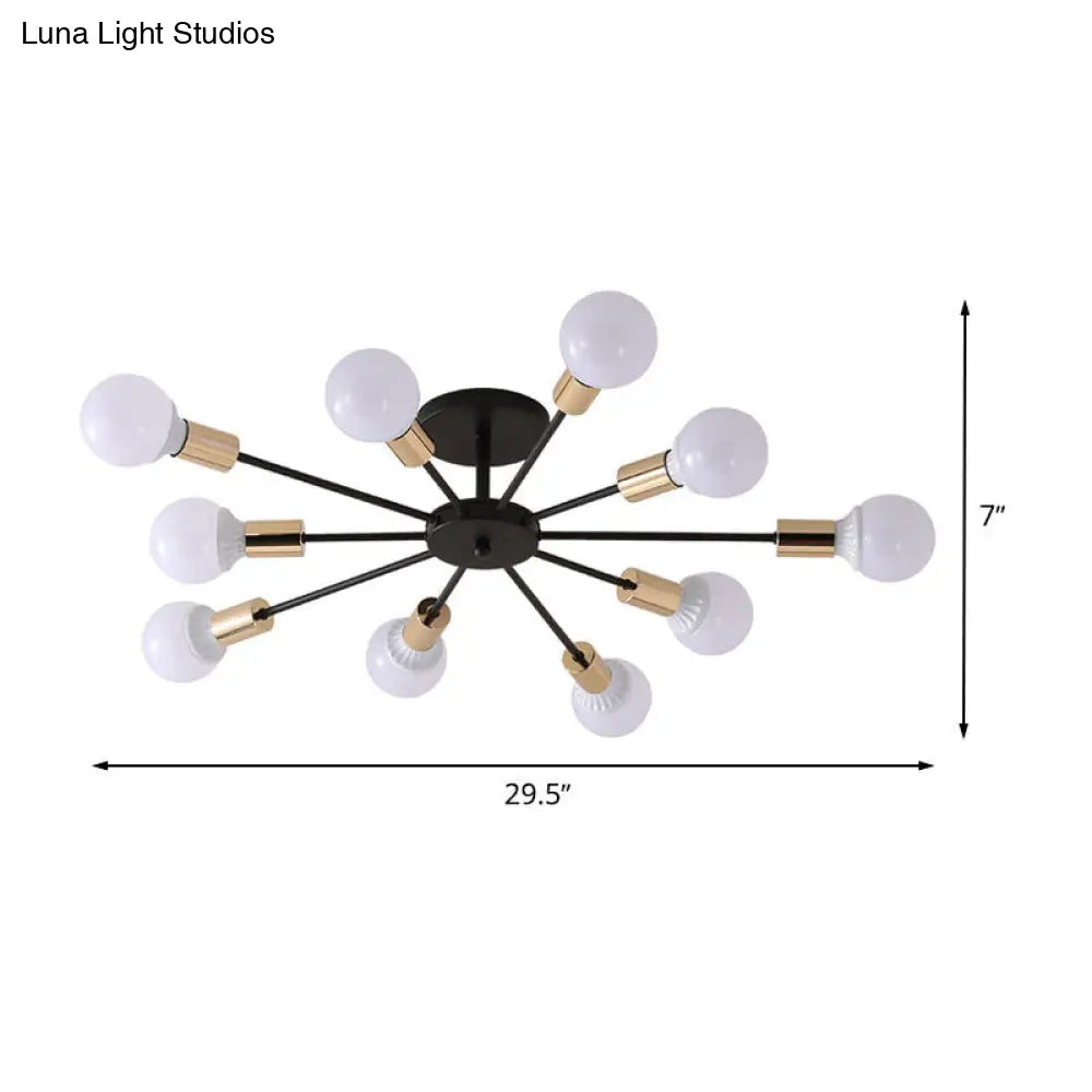 Industrial Metallic Semi Flush Light - Black Sputnik Design With 6/8 Exposed Bulbs Ceiling Mounted