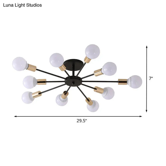Industrial Metallic Semi Flush Light - Black Sputnik Design With 6/8 Exposed Bulbs Ceiling Mounted