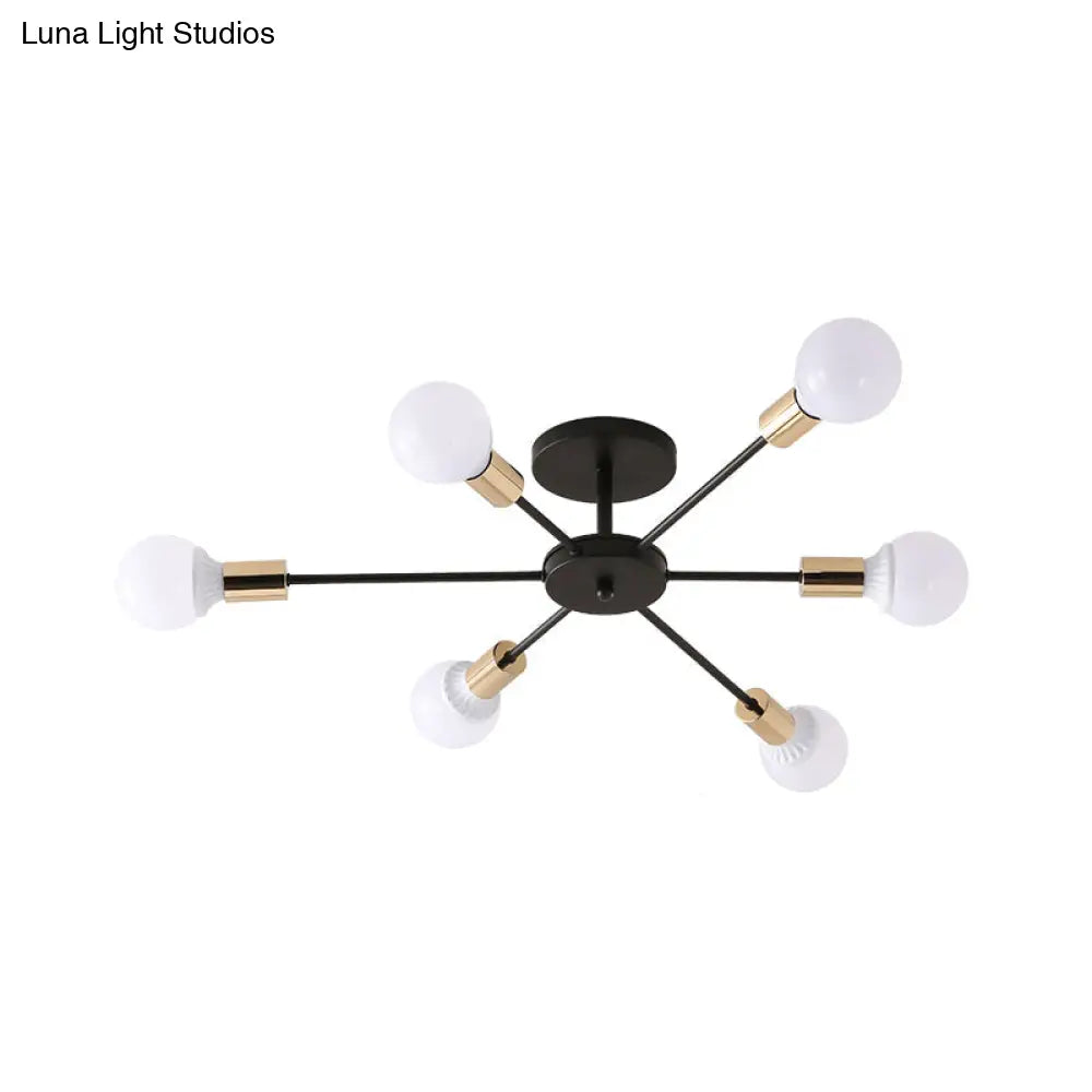 Industrial Metallic Semi Flush Light - Black Sputnik Design With 6/8 Exposed Bulbs Ceiling Mounted