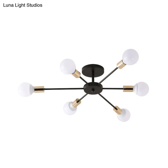 Industrial Metallic Semi Flush Light - Black Sputnik Design With 6/8 Exposed Bulbs Ceiling Mounted