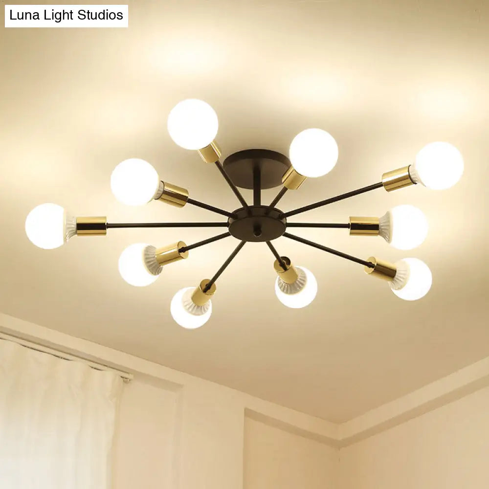 Industrial Metallic Semi Flush Light - Black Sputnik Design With 6/8 Exposed Bulbs Ceiling Mounted