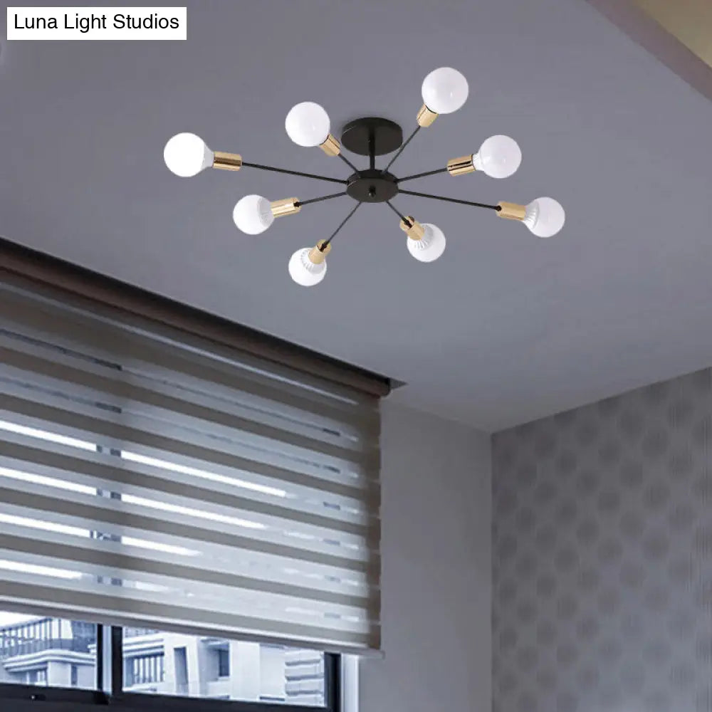 Industrial Metallic Semi Flush Light - Black Sputnik Design With 6/8 Exposed Bulbs Ceiling Mounted