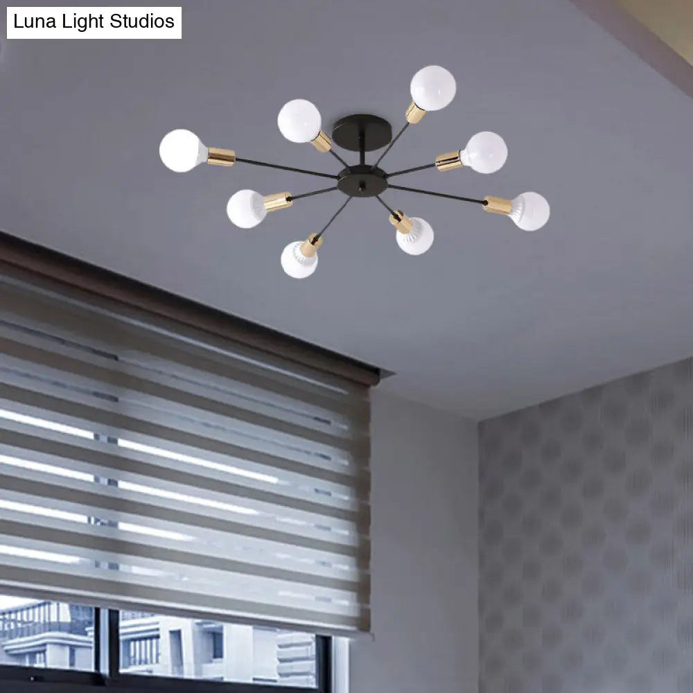 Industrial Metallic Semi Flush Light - Black Sputnik Design With 6/8 Exposed Bulbs Ceiling Mounted