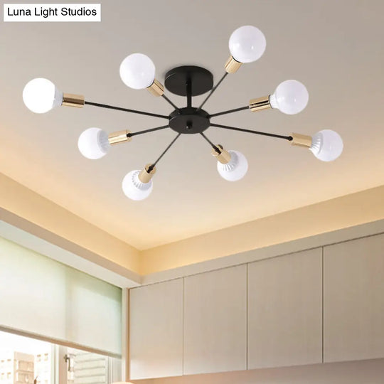 Industrial Metallic Semi Flush Light - Black Sputnik Design With 6/8 Exposed Bulbs Ceiling Mounted