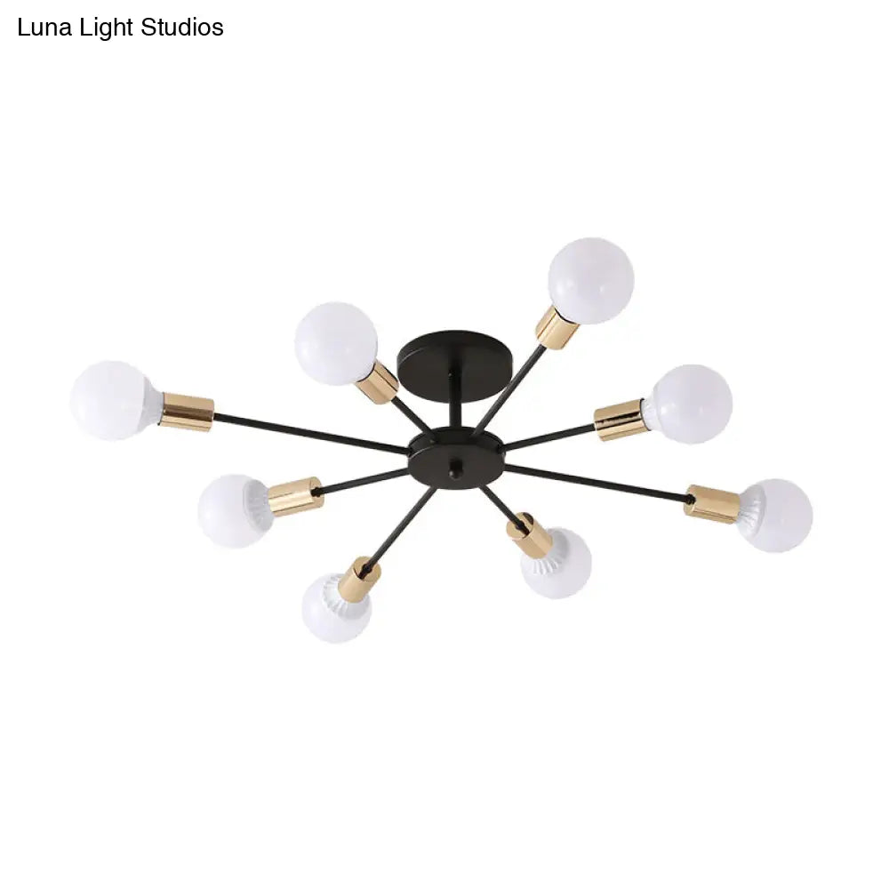 Industrial Metallic Semi Flush Light - Black Sputnik Design With 6/8 Exposed Bulbs Ceiling Mounted