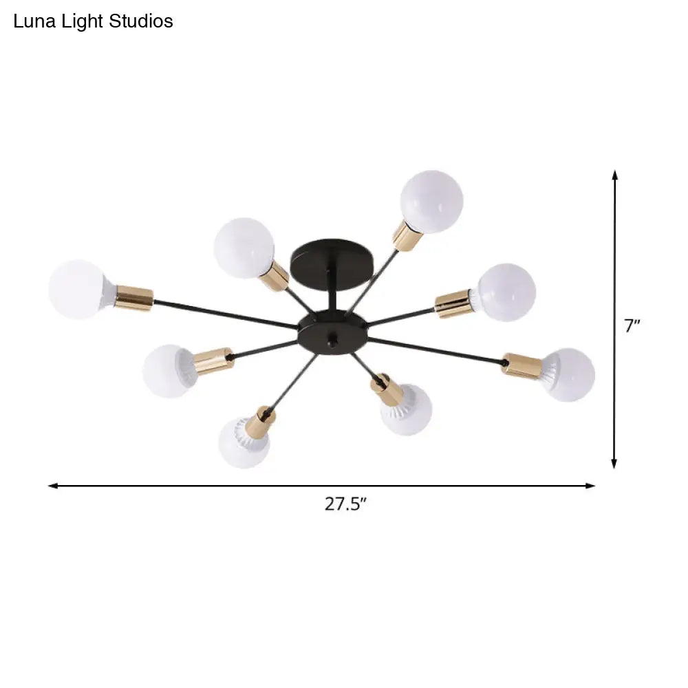 Industrial Metallic Semi Flush Light - Black Sputnik Design With 6/8 Exposed Bulbs Ceiling Mounted