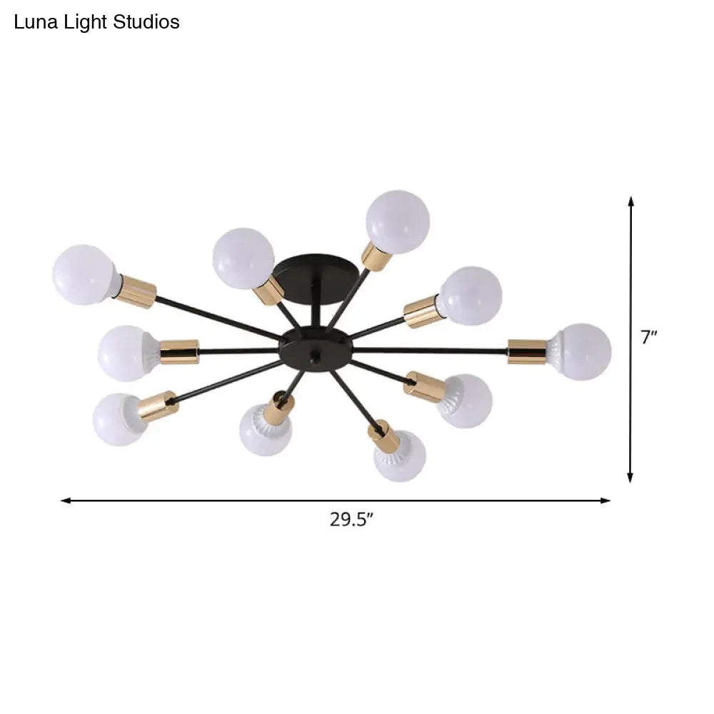 Industrial Metallic Semi Flush Light - Black Sputnik Design With 6/8 Exposed Bulbs Ceiling Mounted