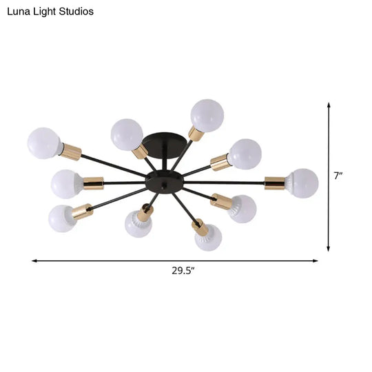 Industrial Metallic Semi Flush Light - Black Sputnik Design With 6/8 Exposed Bulbs Ceiling Mounted