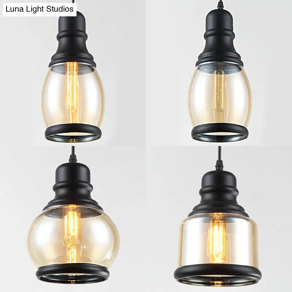 Industrial Amber Glass Pendant Light For Coffee Shops - 3-Light Black Ceiling Fixture