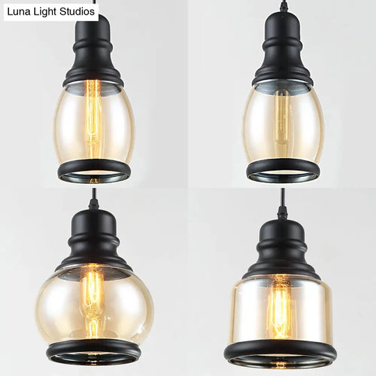 Industrial Amber Glass Pendant Light For Coffee Shops - 3-Light Black Ceiling Fixture