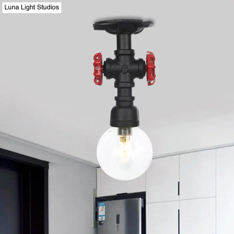 Industrial Orb Clear Glass Semi Flush Ceiling Fixture With 1 Bulb In Black