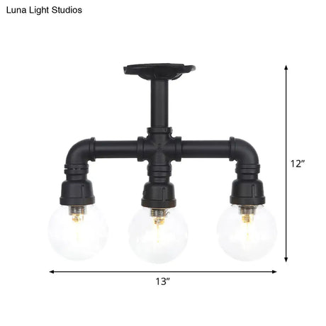 Industrial Orb Semi - Flush Clear Glass Led Lights In Black