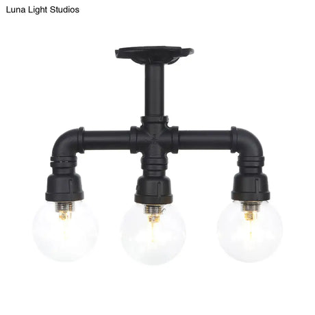 Industrial Orb Semi - Flush Clear Glass Led Lights In Black