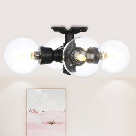 Industrial Orb Semi - Flush Clear Glass Led Lights In Black / C