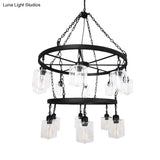 Industrial Pendant Chandelier: 2-Tier Wheel Multi-Light Lamp With Clear Glass Black Finish And