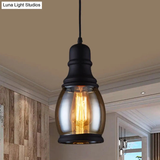 Industrial Pendant Light Kit - Clear Glass Black Finish Jar Shape 1 Head Ceiling Hang Fixture / B