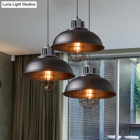 Industrial Pendant Light - White/Black Factory Iron Bowl Shape Ceiling Lamp With Wire Cage Frame