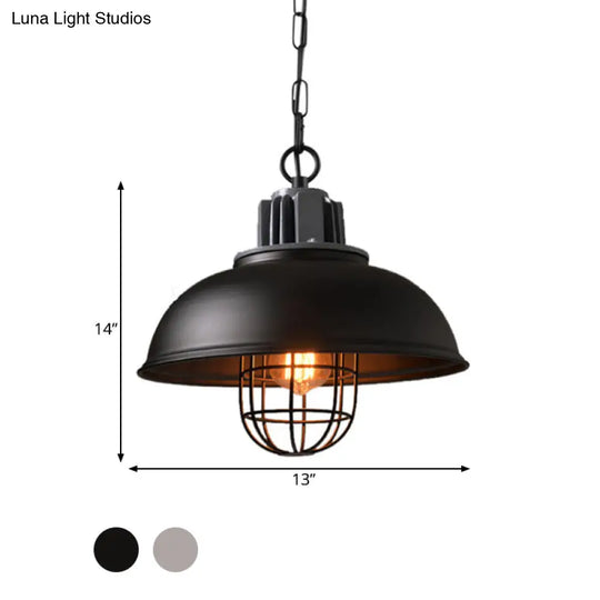 Industrial Pendant Light - White/Black Factory Iron Bowl Shape Ceiling Lamp With Wire Cage Frame