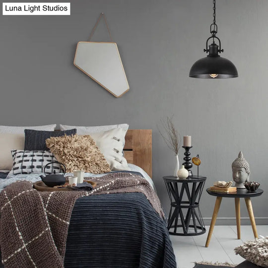 Industrial Pendant Light With Adjustable Chain - Bowl Shade Metal Black