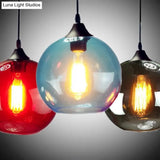 Industrial Pendant Light With Globe Glass Shade In Red Blue Or Grey - 8’/10’ Wide Black