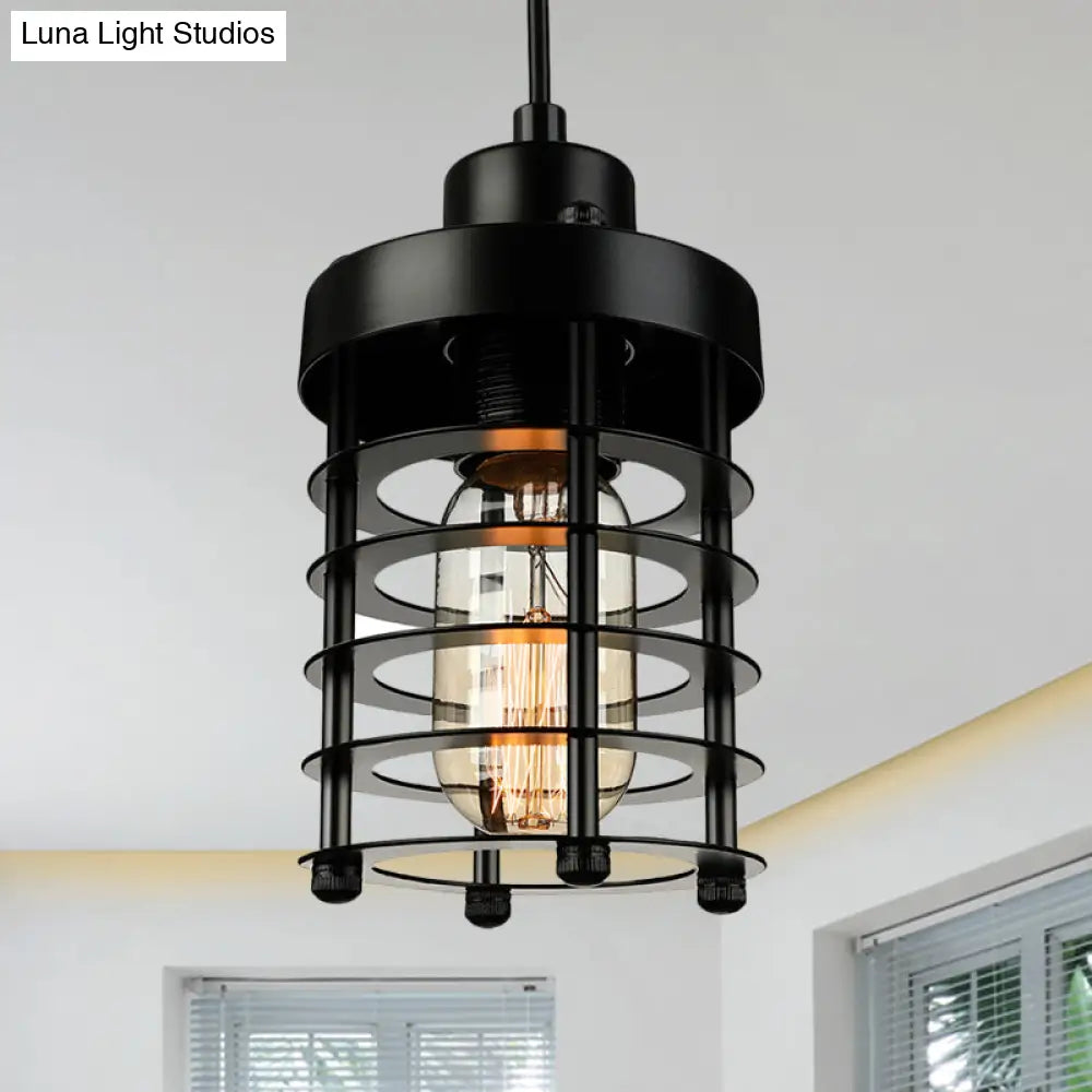 Industrial Pendant Light With Metallic Cage Shade - Matte Black/Rust Ideal For Table Lighting