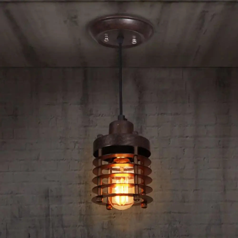 Industrial Pendant Light With Metallic Cage Shade - Matte Black/Rust Ideal For Table Lighting Rust