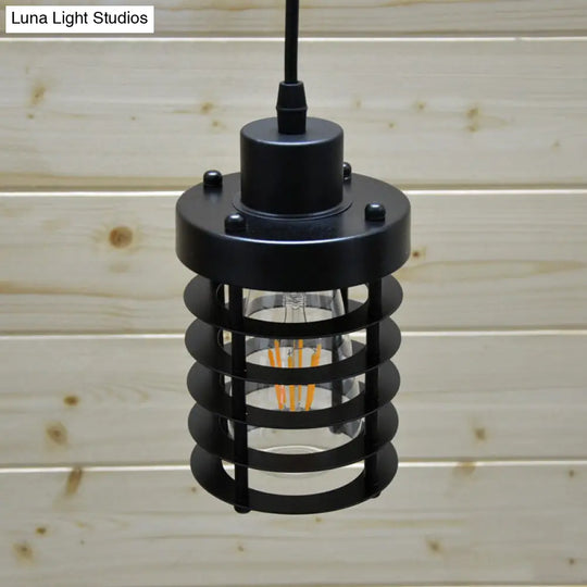 Industrial Cylinder Cage Pendant Light With Metallic Shade - Matte Black/Rust Finish Ideal For Table