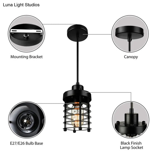 Industrial Cylinder Cage Pendant Light With Metallic Shade - Matte Black/Rust Finish Ideal For Table