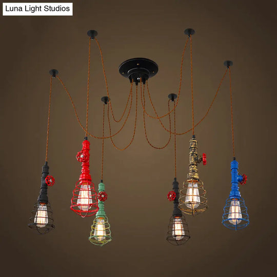 Industrial Pipe Pendant Ceiling Light With 6-Lights Iron Hanging Lamp - Black Shade Optional Living