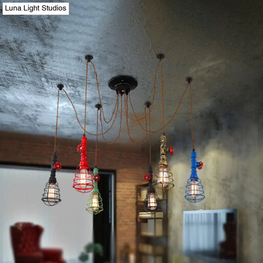 Industrial Pipe Pendant Ceiling Light With 6-Lights Iron Hanging Lamp - Black Shade Optional Living