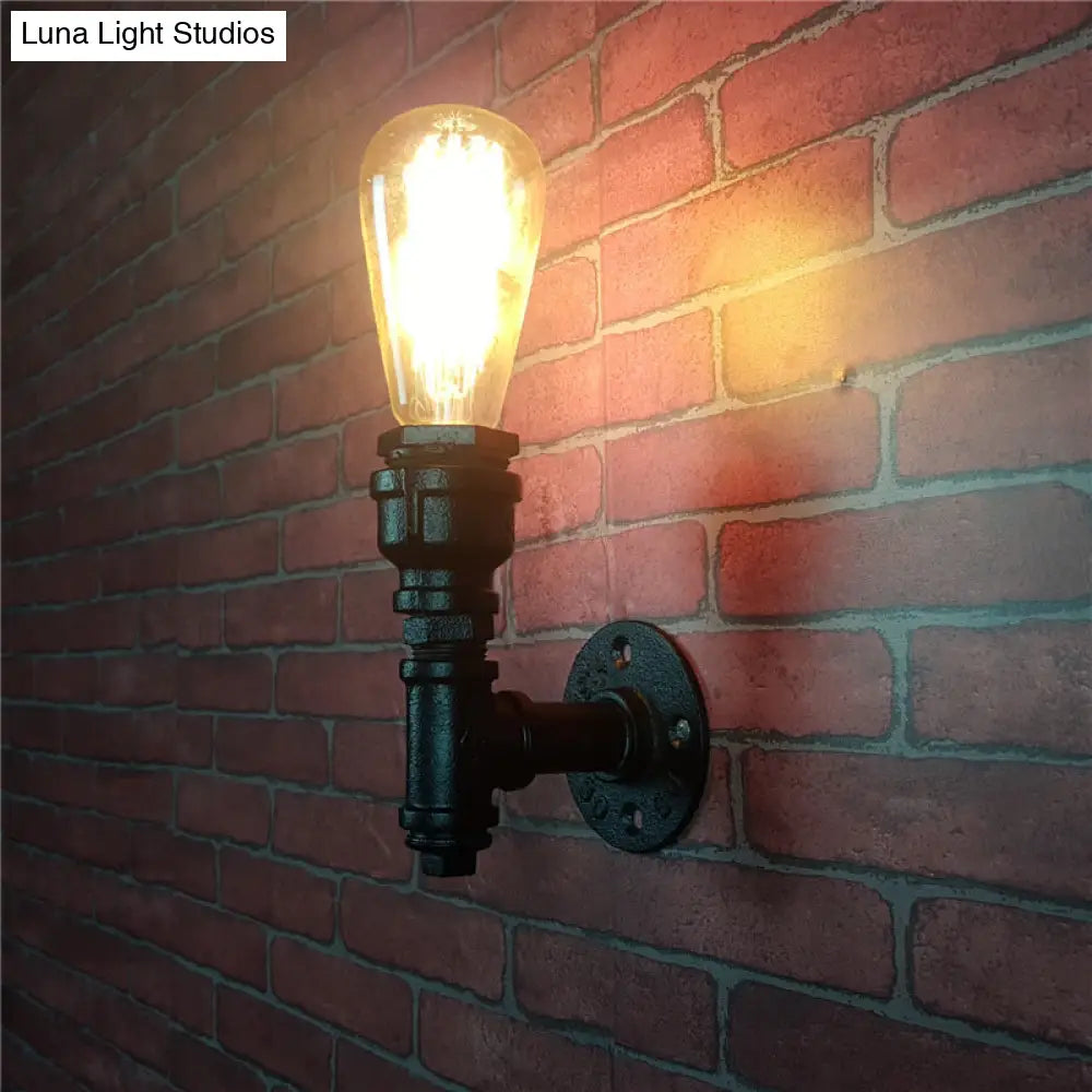 Industrial Pipe Socket Wall Light - Single Metal Sconce For Corridor Black / Straight