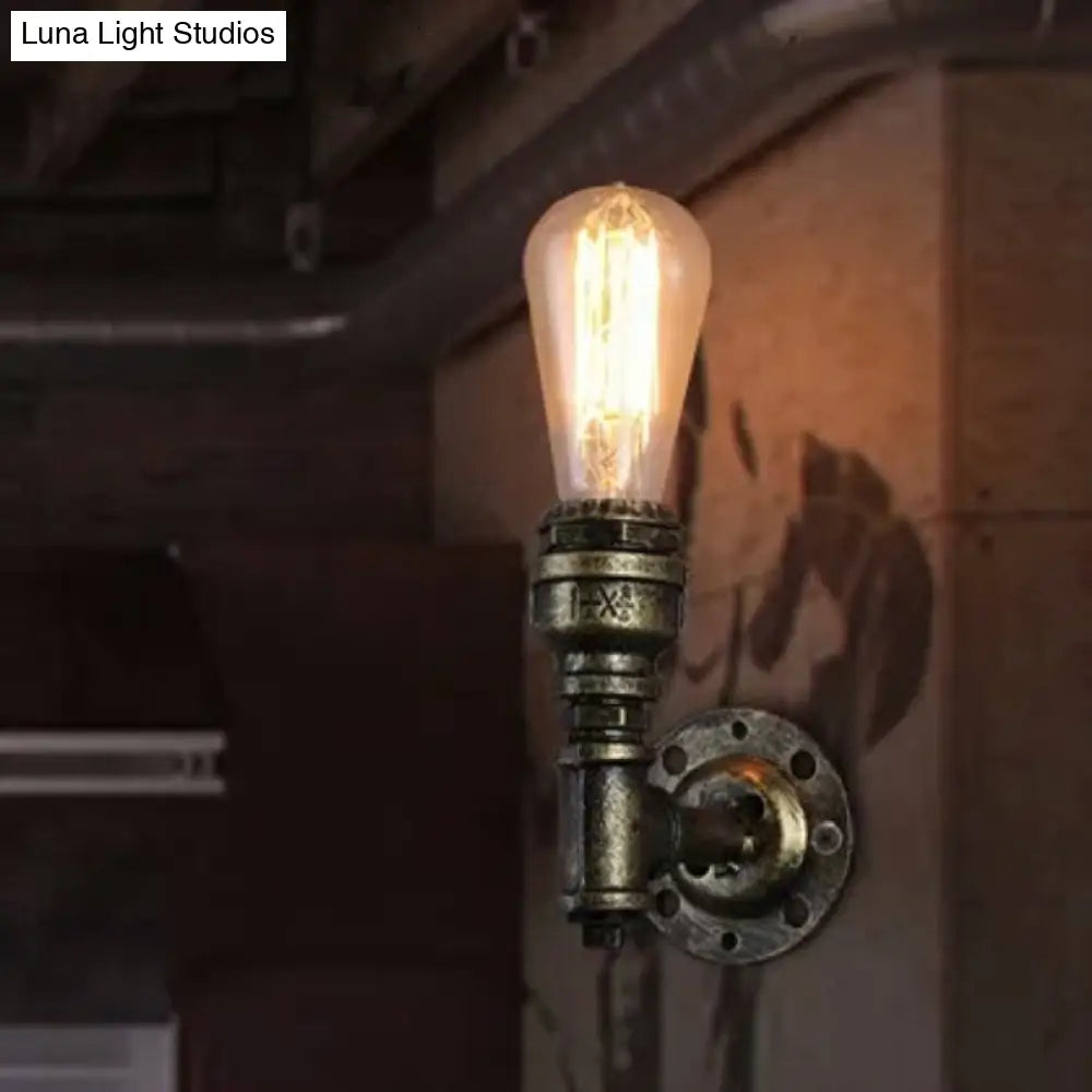 Industrial Pipe Socket Wall Light - Single Metal Sconce For Corridor Bronze / Straight