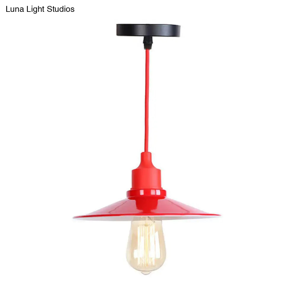 Iron Hanging Lamp Kit - Red Industrial Tapered/Cage/Wide Flared Pendant Light For Living Room